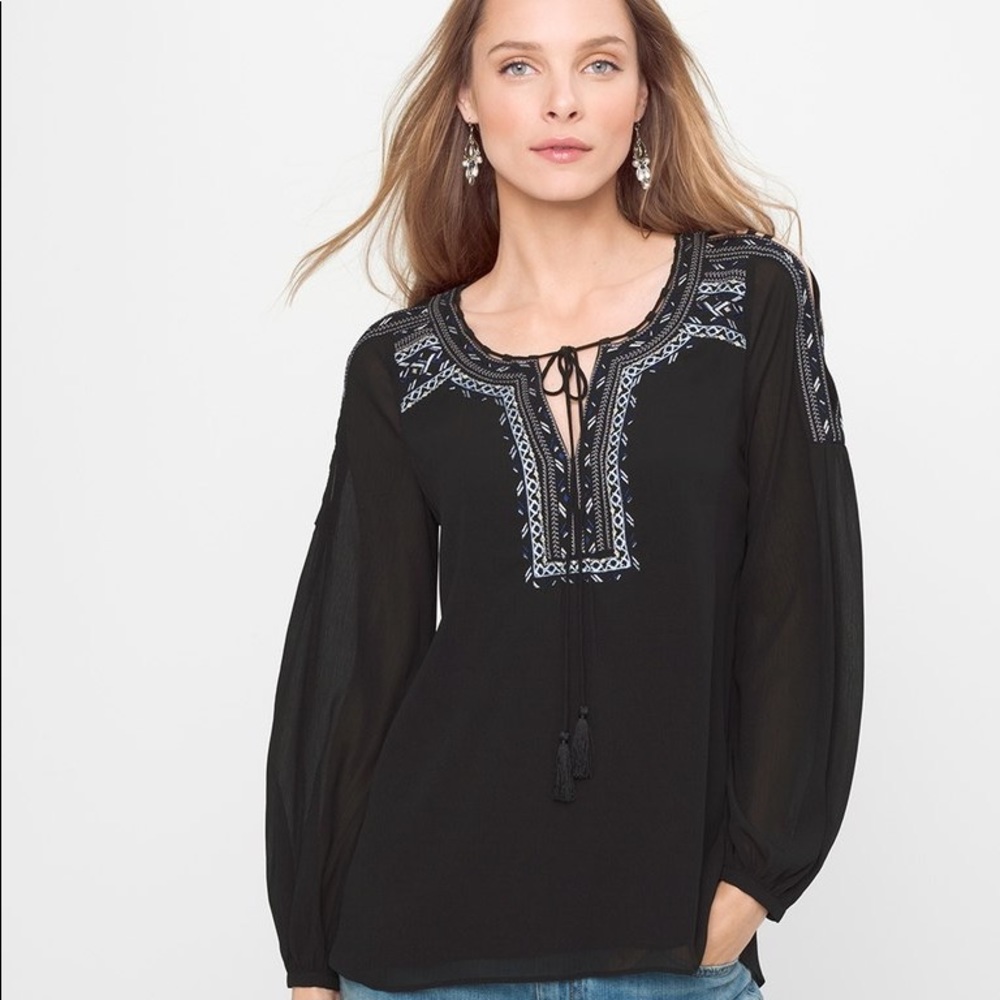 White House Black Market Black Peasant Blouse with White & Light Blue Embroidery